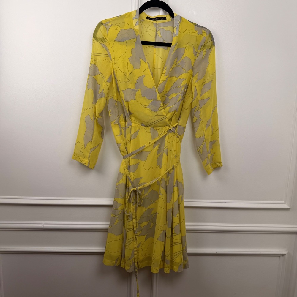 Zara Basic Yellow Grey Floral Wrap Mini Dress Long Sleeve V-Neck Small